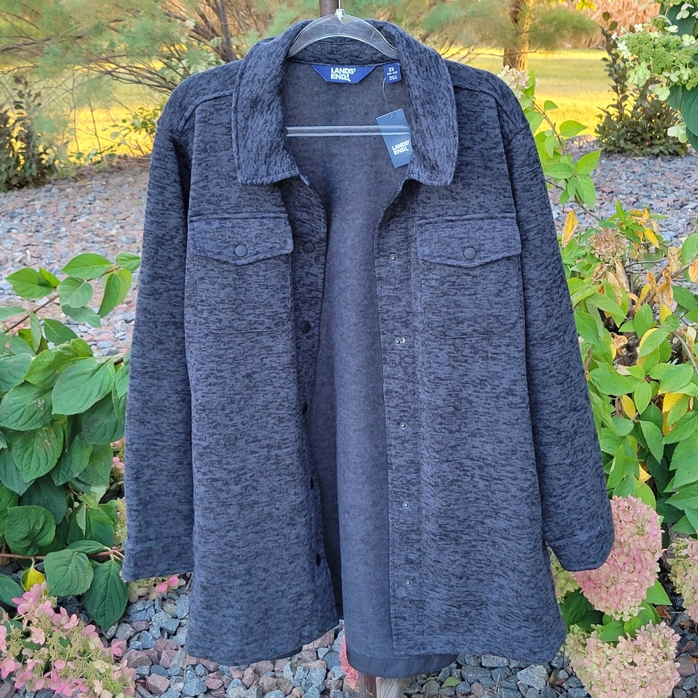 Land's End SHACKET NWT knit snap marled Black Heather size 2X - Picture 1 of 7